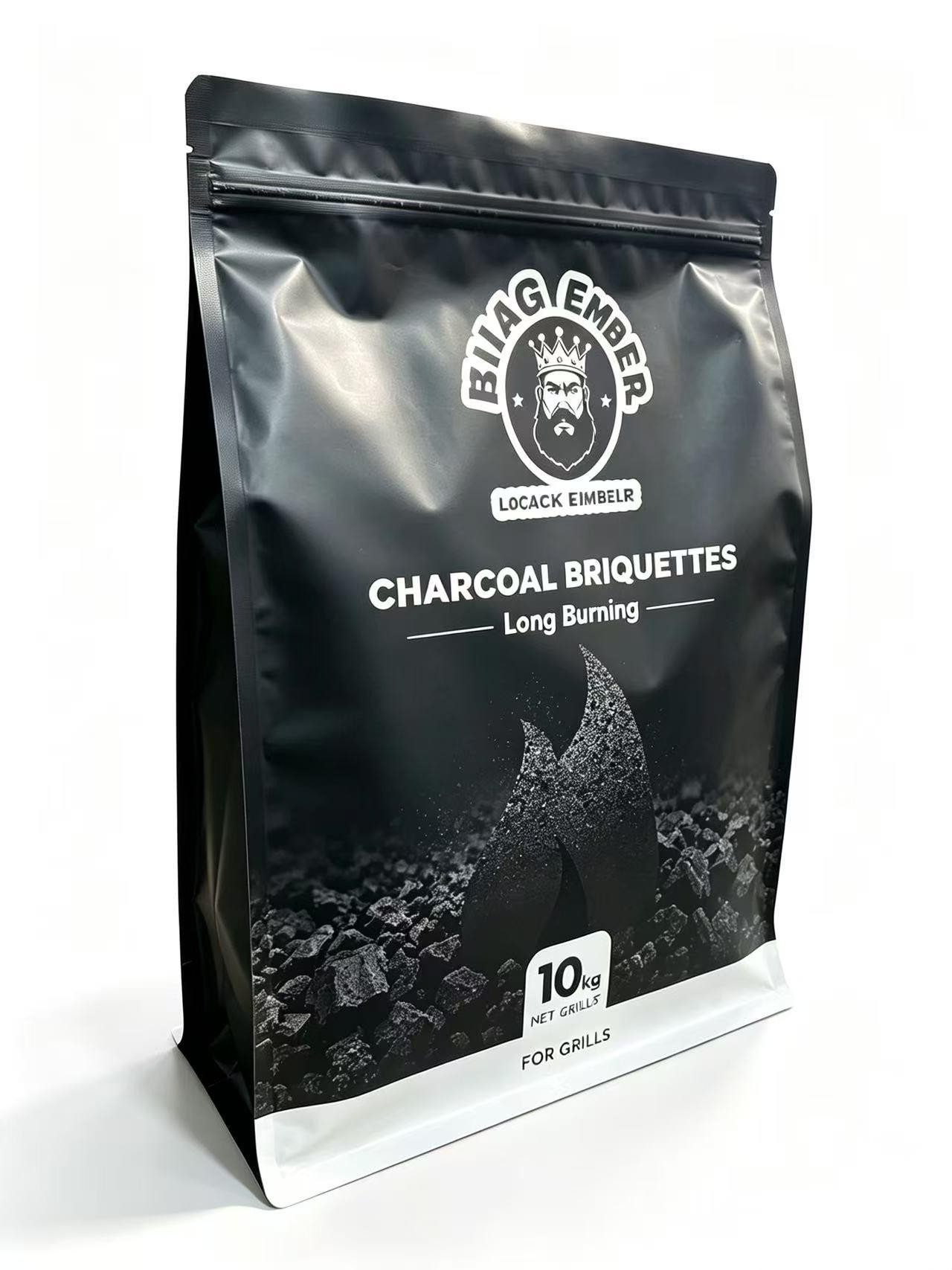 Custom printed charcoal briquette bag - 10 kg with handle and kraft base